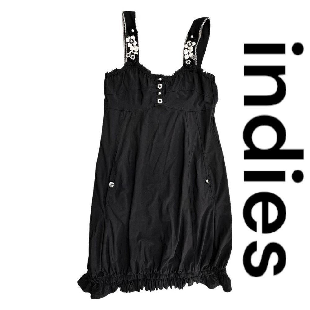 Indies Womens Floral Applique Wide Strap Ruffle Sleeveless Mini Dress Black Sz 1